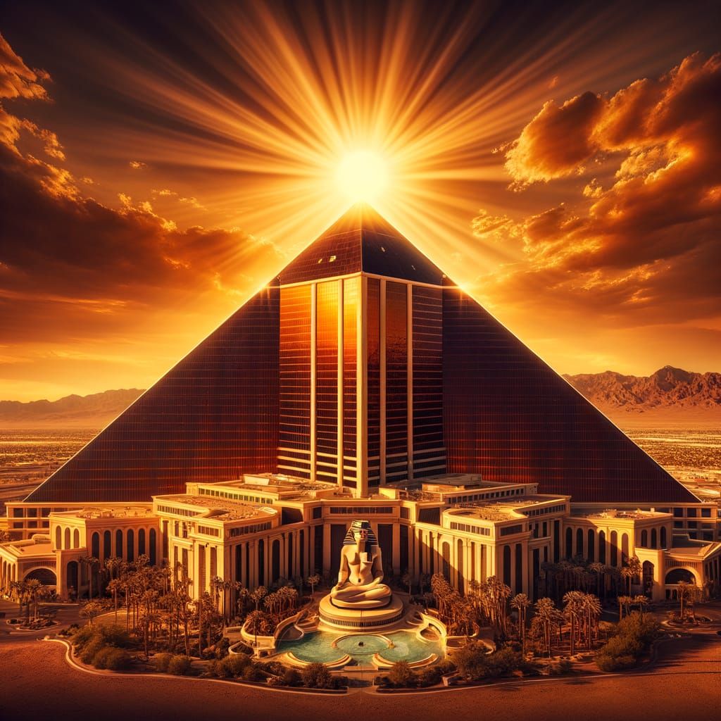 Dark Pyramid Hotel in Desert Under Golden Sun