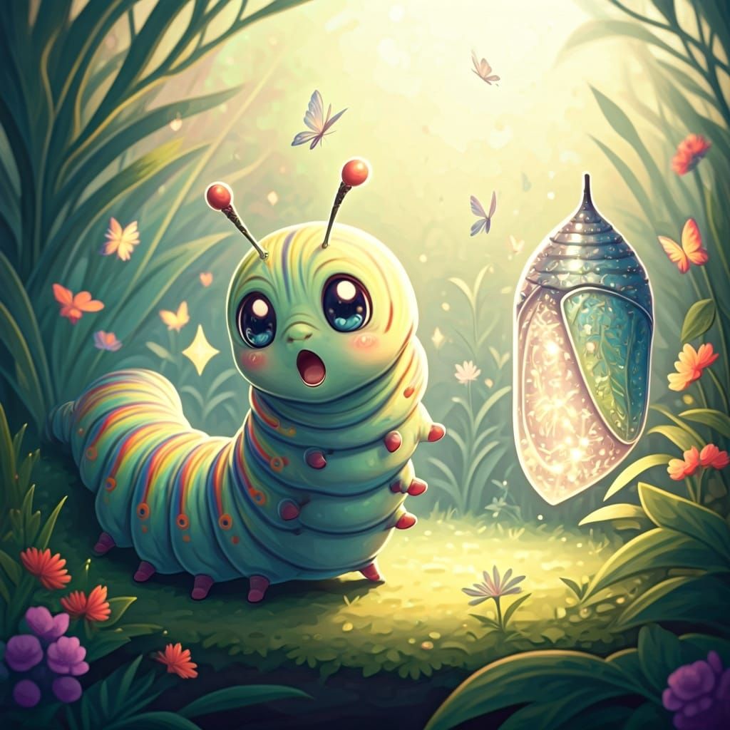 Chibi Caterpillar's Magical Metamorphosis in Kawaii Style