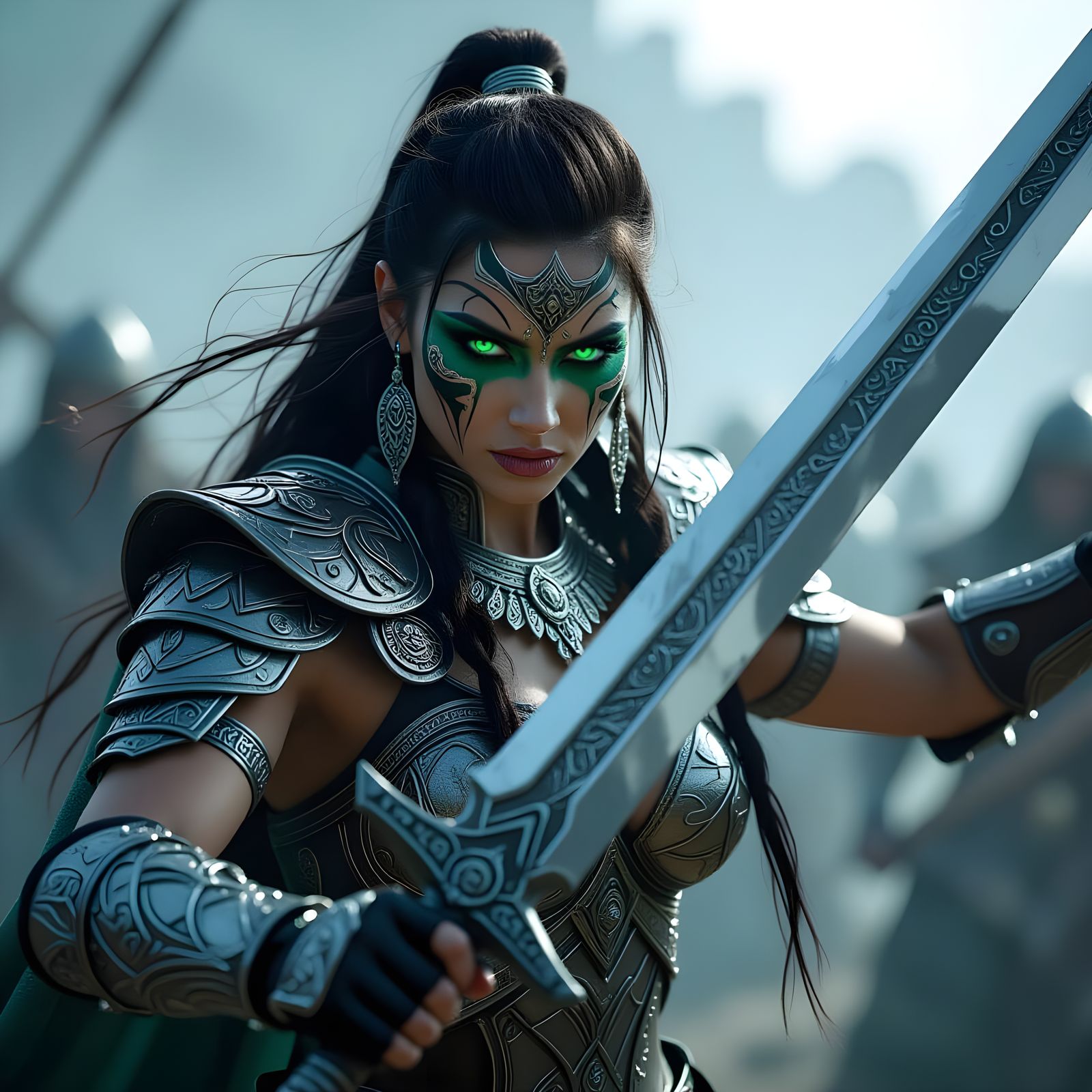 Warrior Queen Portrait with Greatsword in Hyper-Realism