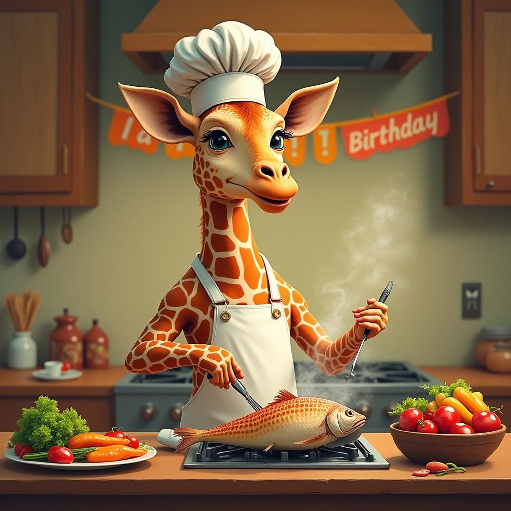 Giraffe Chef Cooks Birthday Meal: Whimsical Art