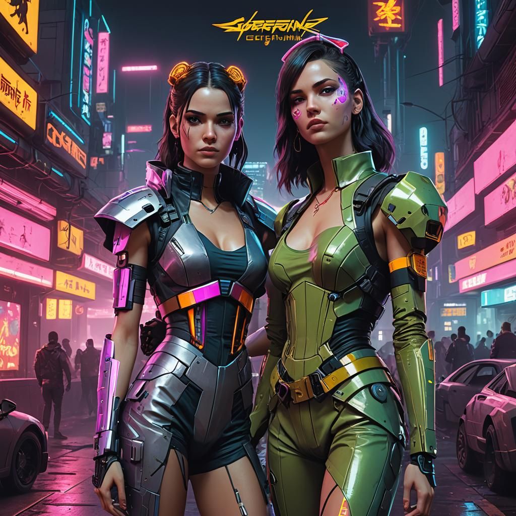 Cyberpunk Queen and Princess in Neon Cityscape