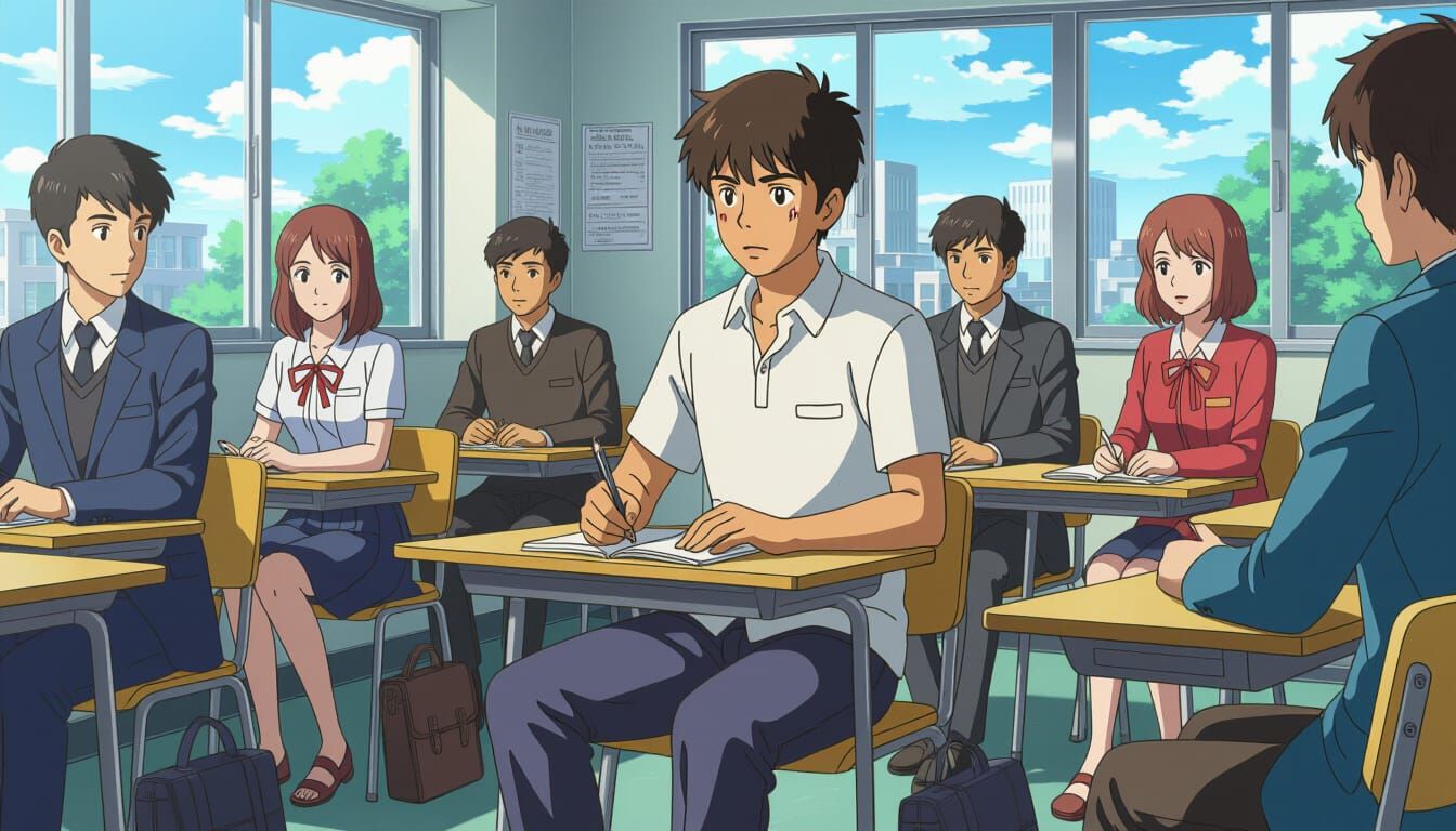 Determined Indian Teenager in City Classroom Anime Style