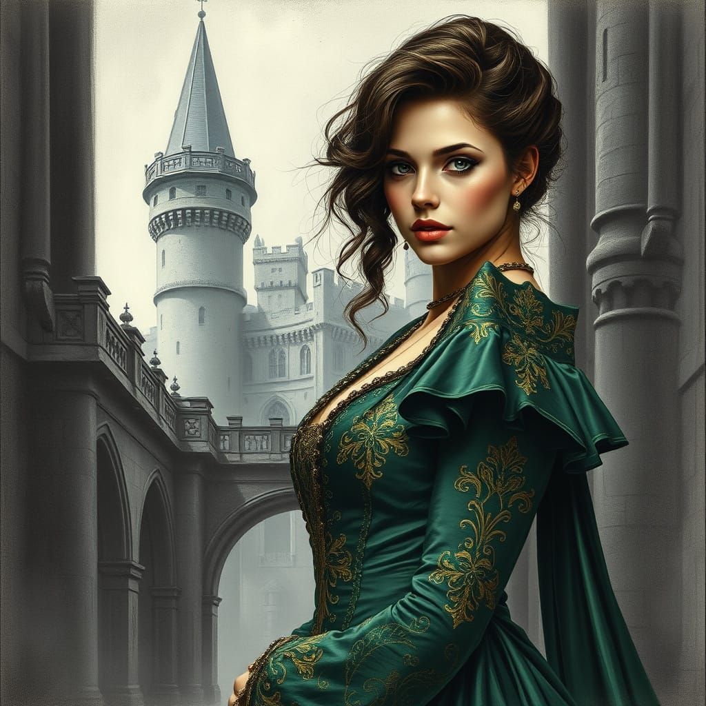 Mysterious Woman in Emerald Dress, Monochrome Charcoal Drawi...