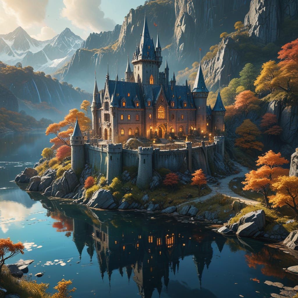 Glass Castle on Lake: Photorealistic Digital Illustration