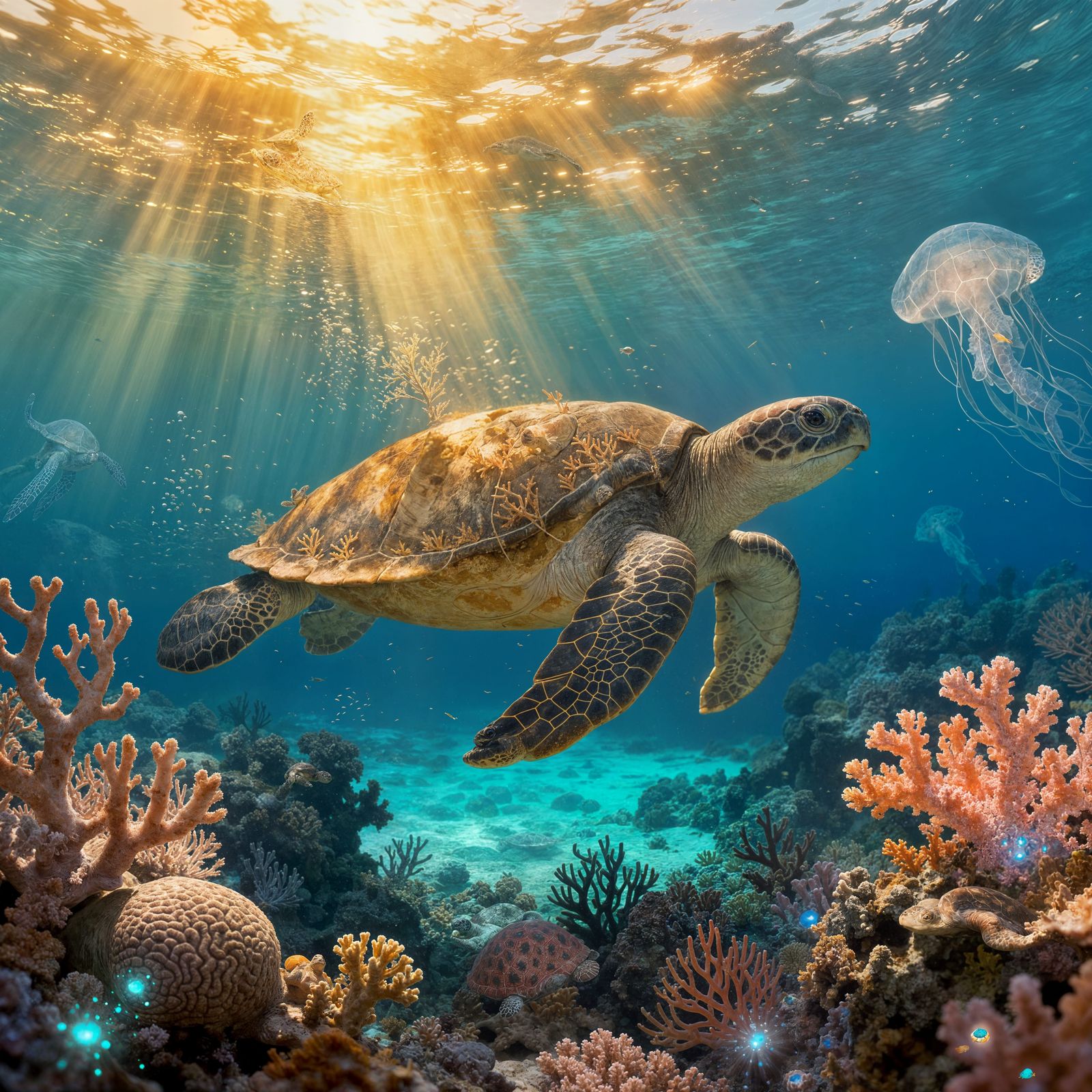 Sea Turtle Swimming Amidst Colorful Coral Reef