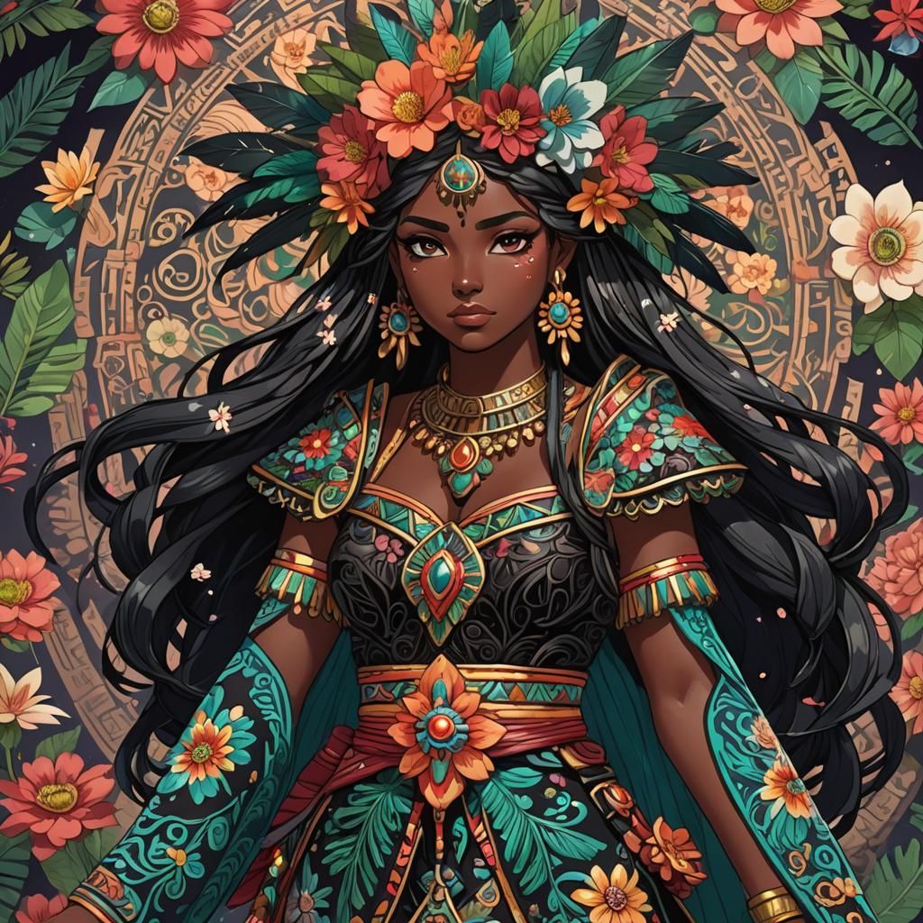 Latina Anime Girl with Obsidian Sword in Mayan Style