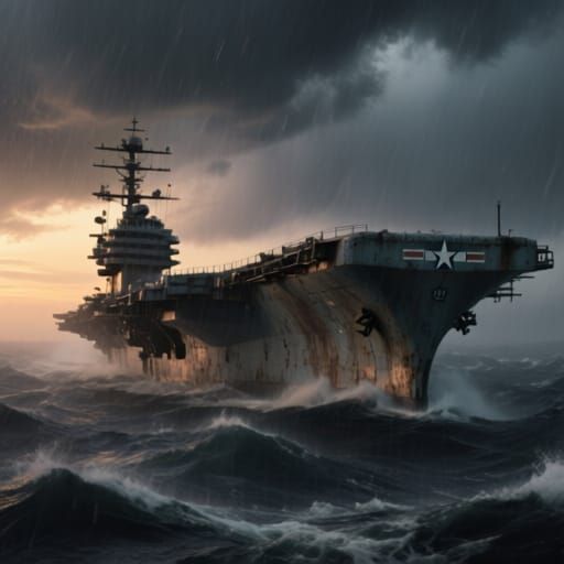 USS Enterprise CV-6 Carrier in Stormy Dusk Sea