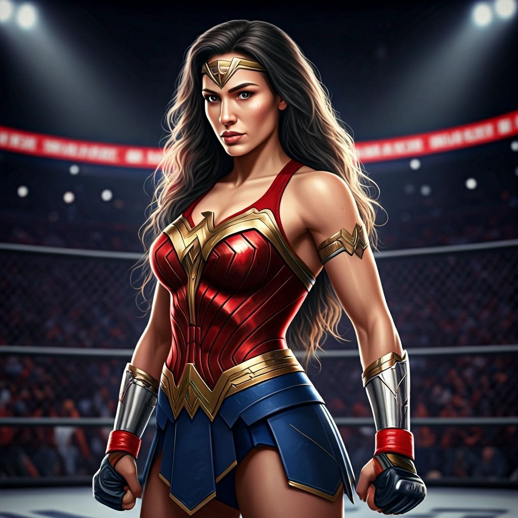 Wonder Woman MMA Fighter in Arena, Hyperrealistic Splash Art