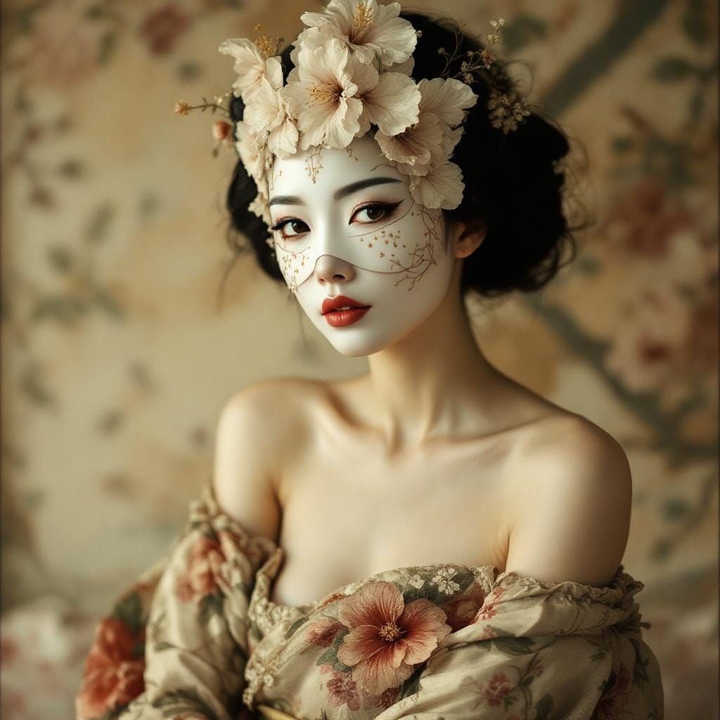 Beautiful woman wearing a hybiscus themed Kabuki mask and off the shoulder matching Kimono