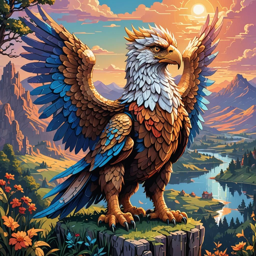 Pixel Art Gryphon in Medieval Landscape