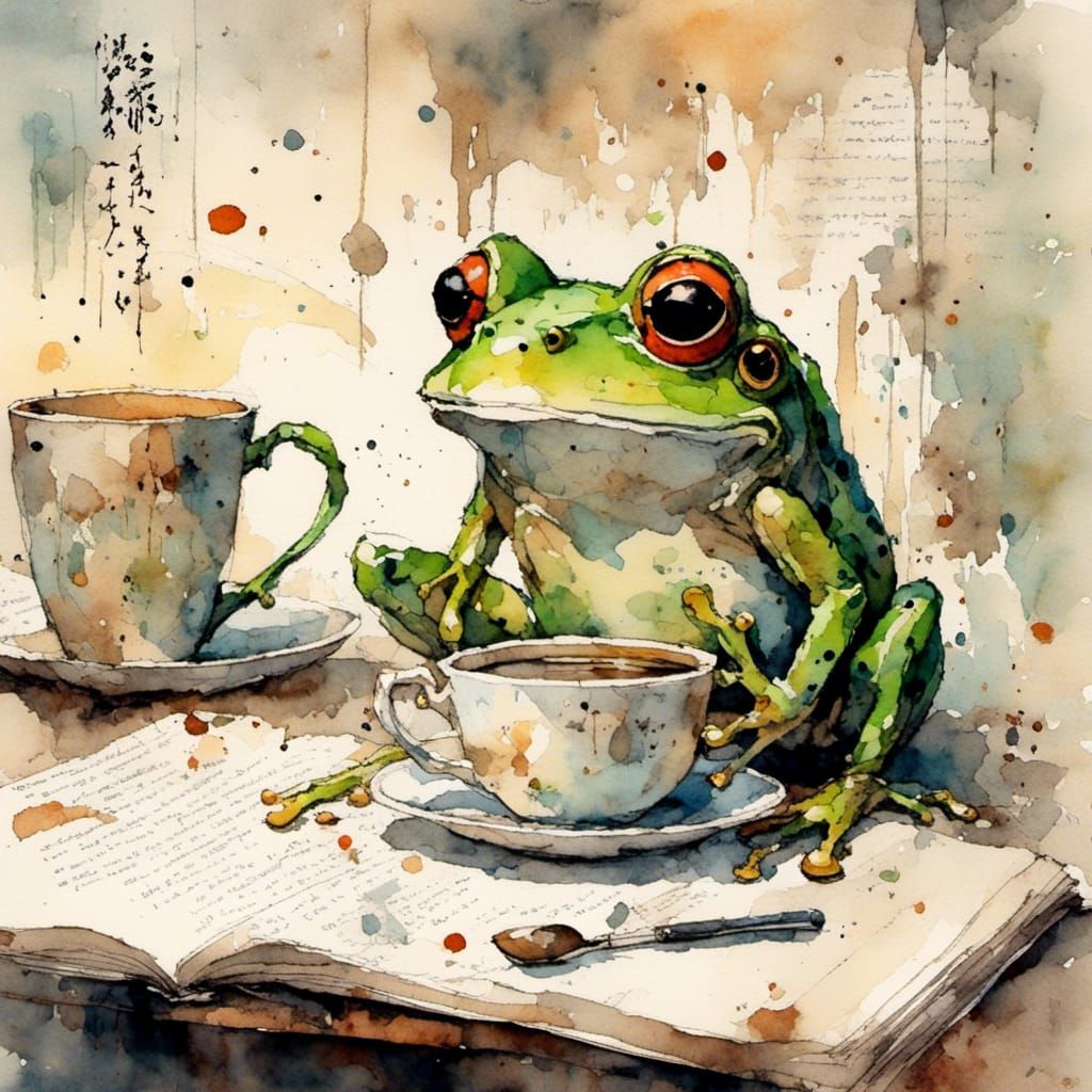 Frog with Coffee Cup: Watercolor Collage Art