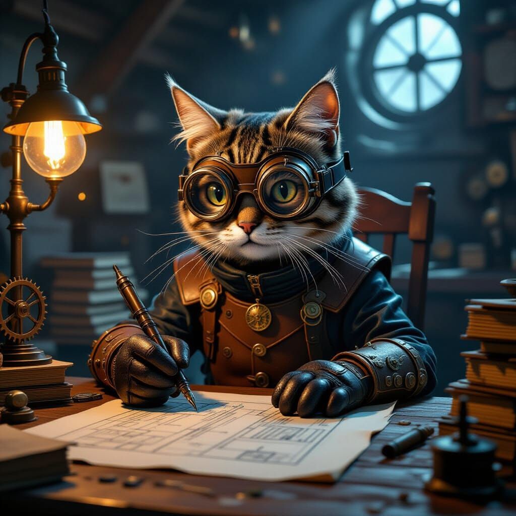 Steampunk Scribe Cat Sketches Clockwork Blueprints