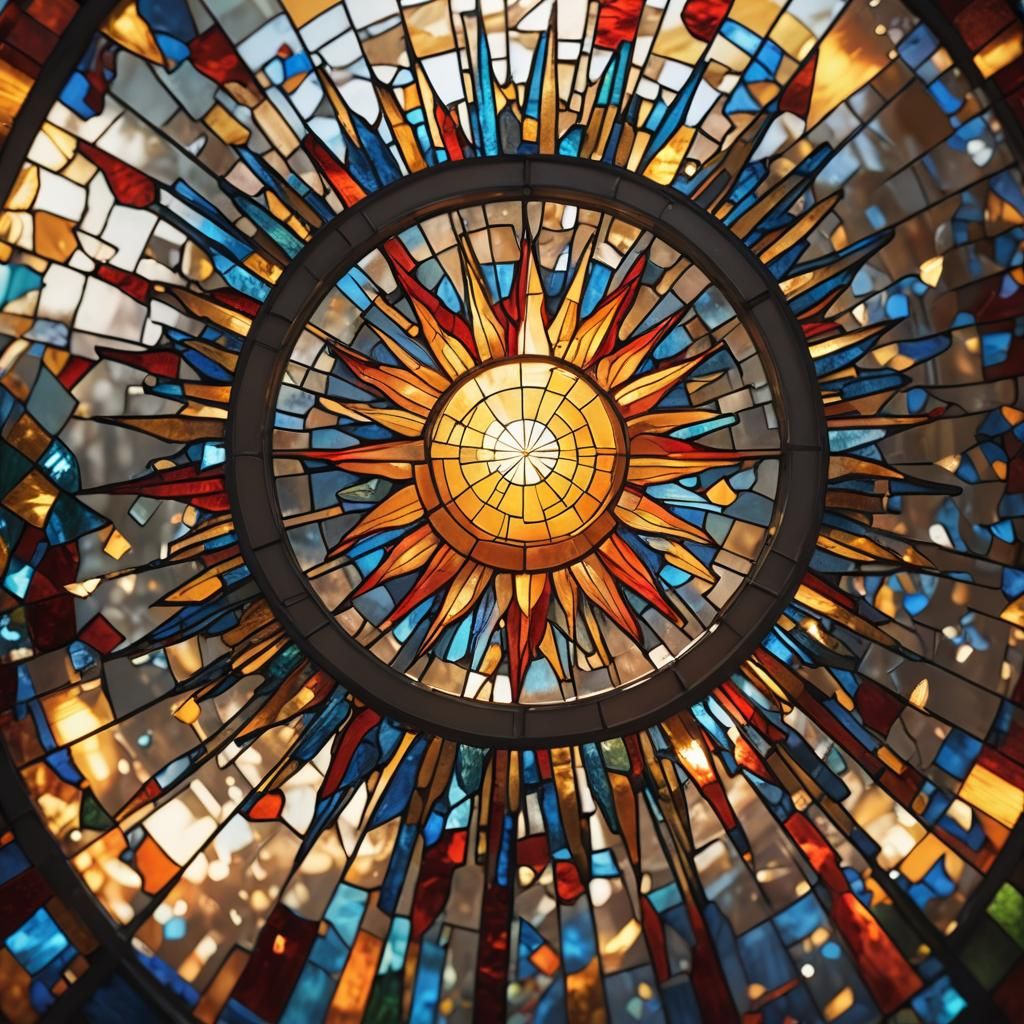 Shattered Stained Glass Sun in Hyperrealism