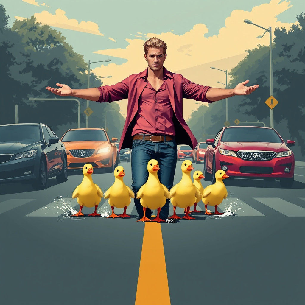 Pop Art Hero Saves Ducklings from Traffic