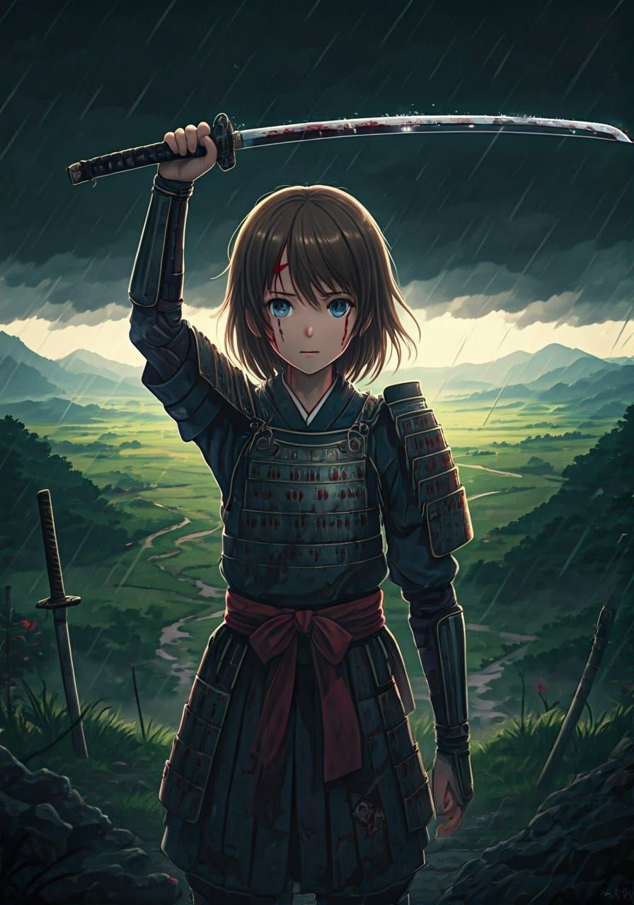 Anime Samurai Girl After Battle in the Rain