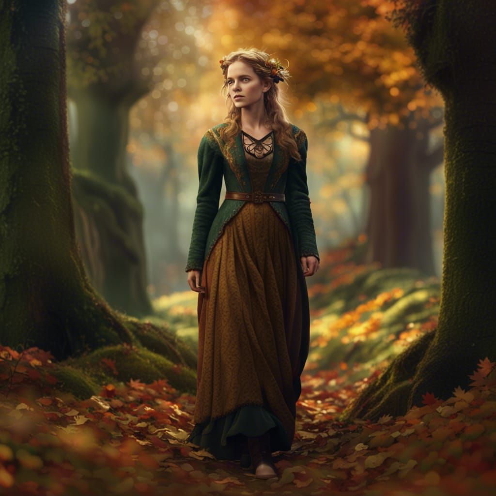 Irish Maiden Walking Through Autumn Woods