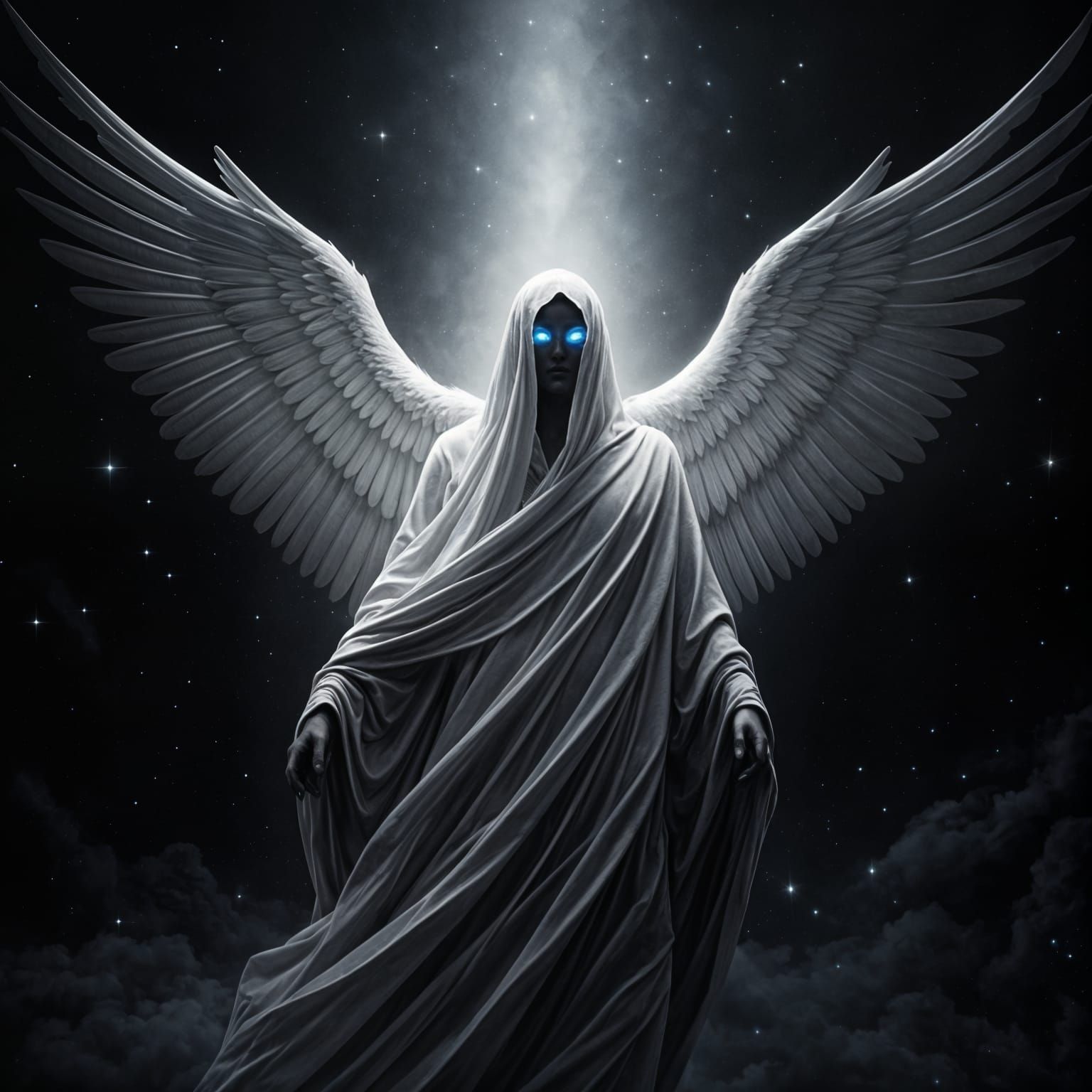 Mystical Angel Emerges from Darkness with Glowing Eyes