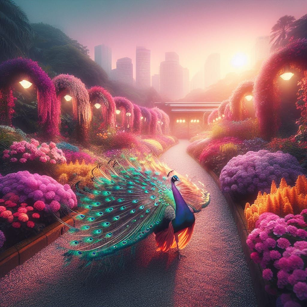 Lavish Peacock Display in City Garden at Magic Hour