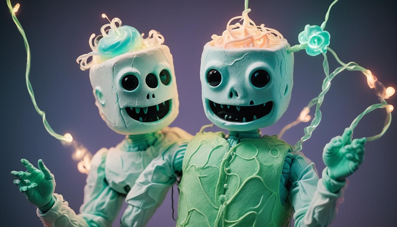 Surreal Marshmallow Puppet with Bioluminescent Tattoo