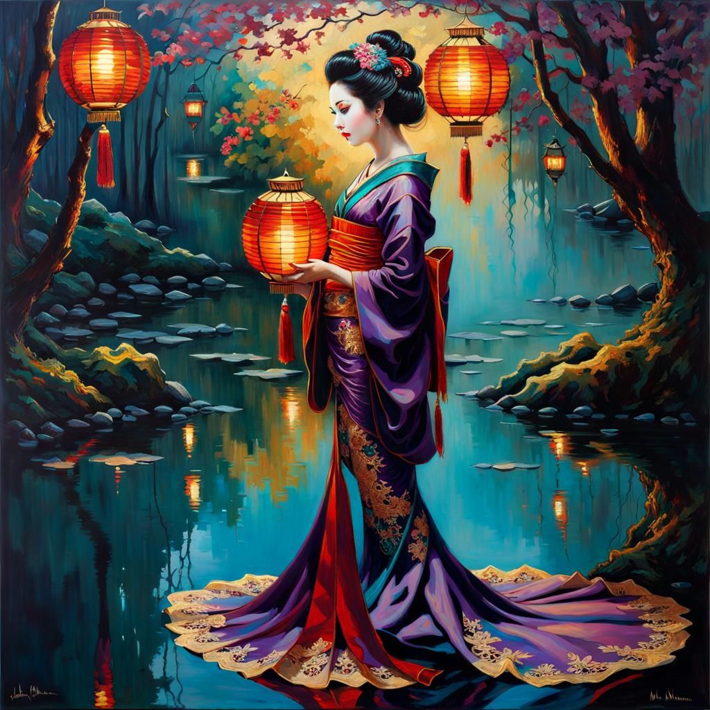 Geisha in Lace Dress with Mirrored Reflection