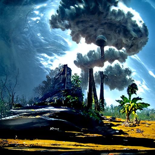 Jungle Devastation After Nuclear Explosion: Oil Painting