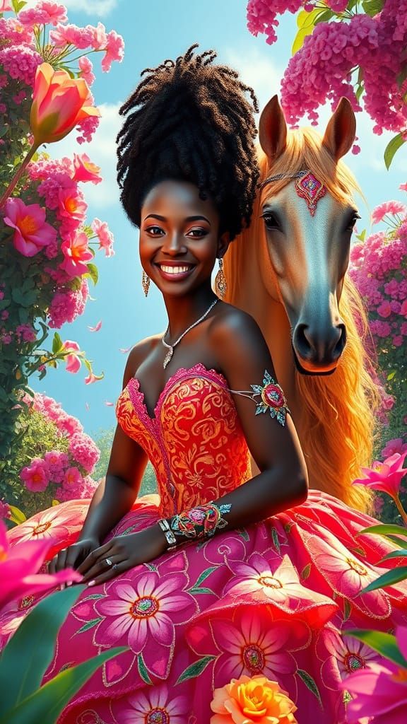 African Goddess in Neon Ball Gown Amidst Whimsical Garden wi...