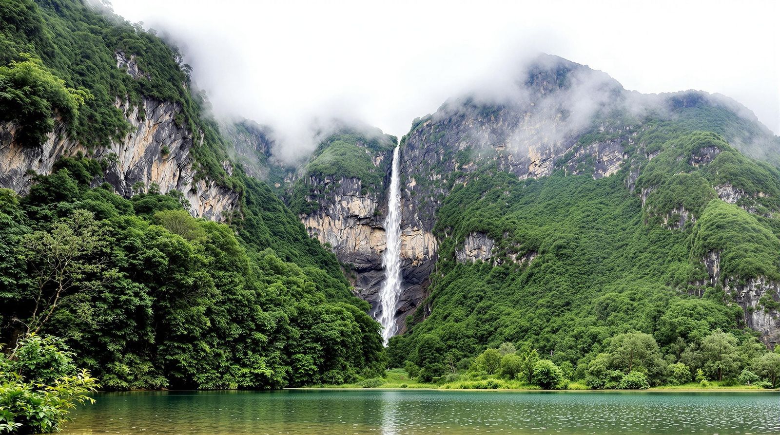 Tall Cascading Waterfall Cascades Down Steep Green Cliff in...