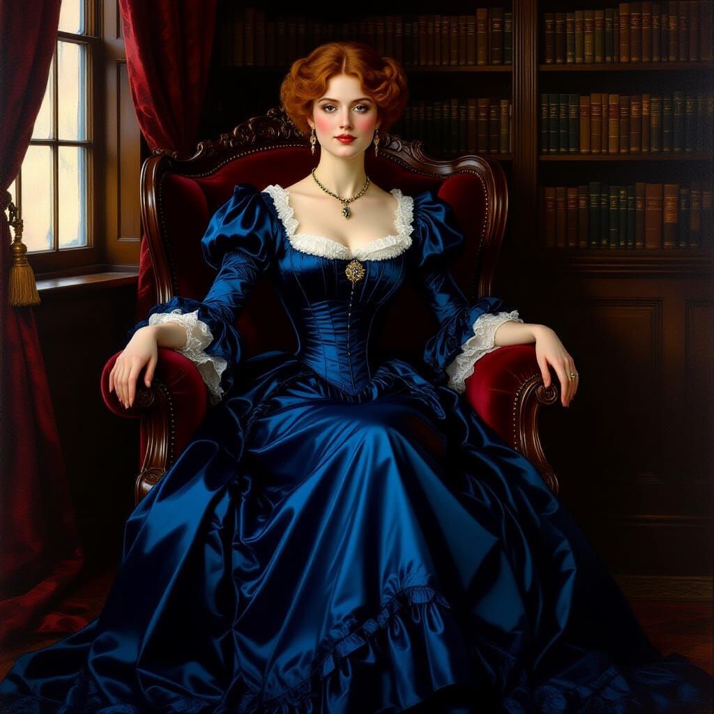 Regal Victorian Woman in Library, Abbey & Agar Style