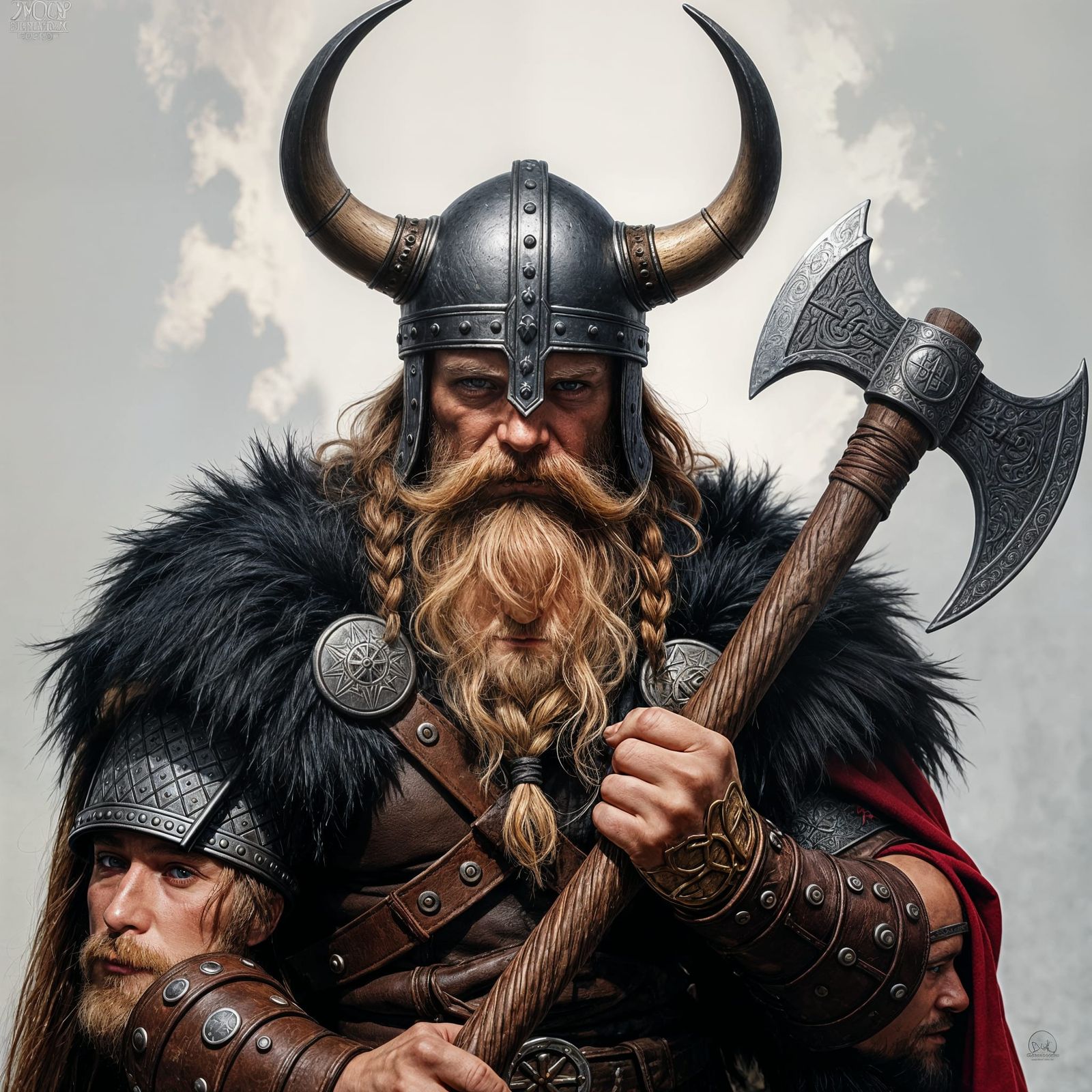 Viking God Odin Portrait with Horned Helmet