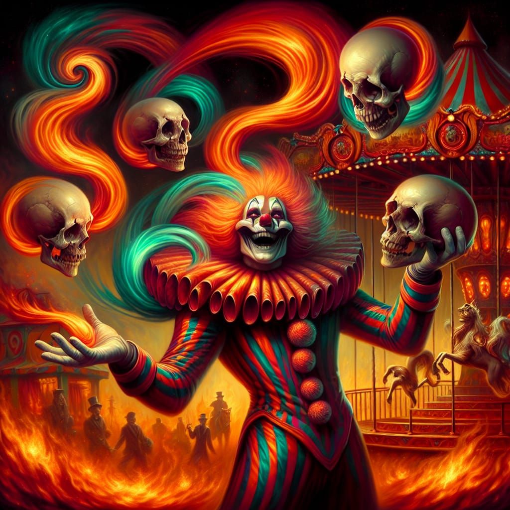 Clown Juggling Skulls in Inferno Carnival: Romanticism Style
