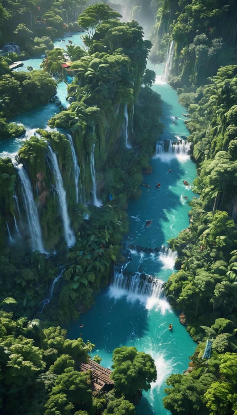 Vibrant Jungle Cityscape with Waterfalls and Waterslides in...