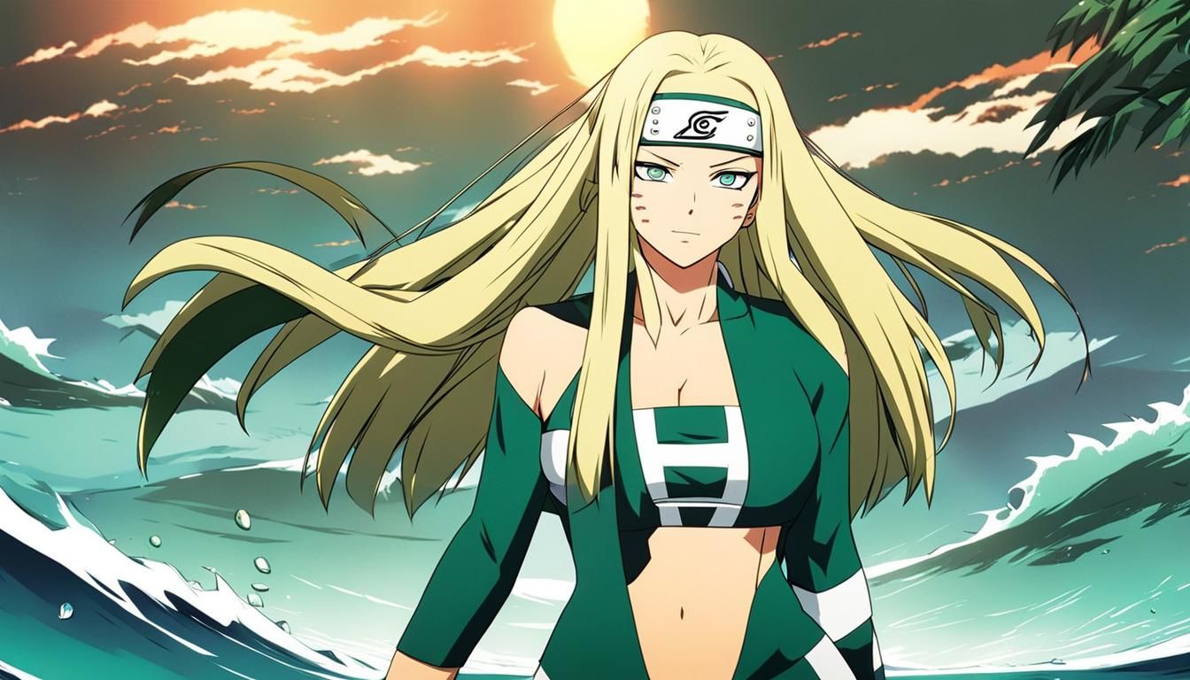 Tsunade in Swimsuit: Anime-Style Teasing Scene