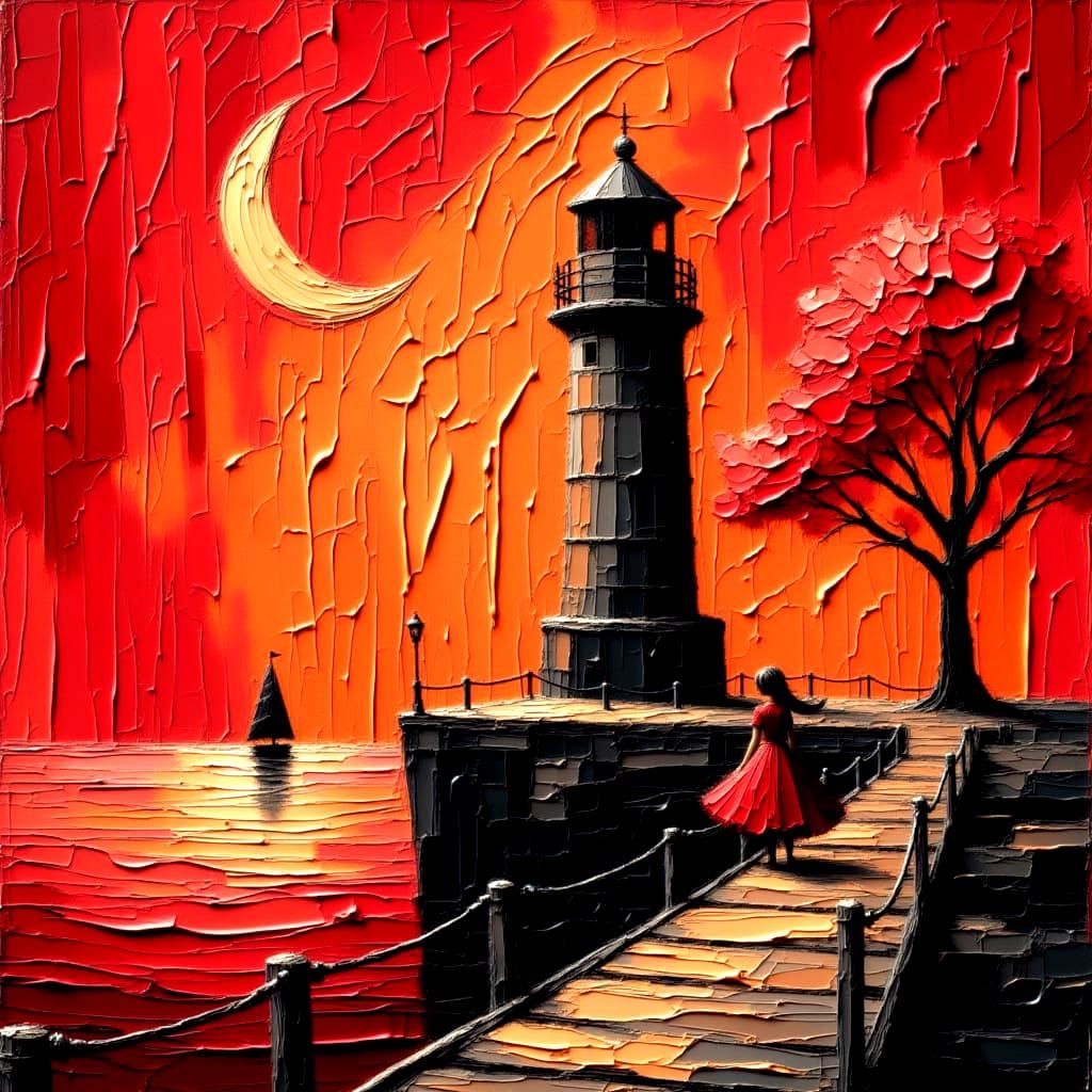 Crimson Lighthouse on Cliff as Impasto Painting