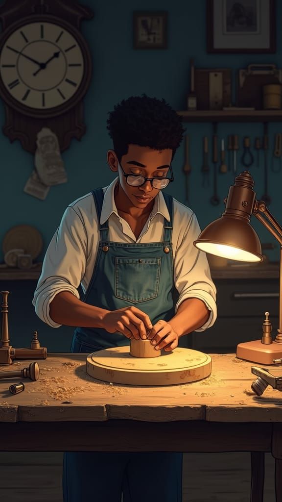Young Craftsman Builds Wooden Clock in Cozy Anime Workshop
