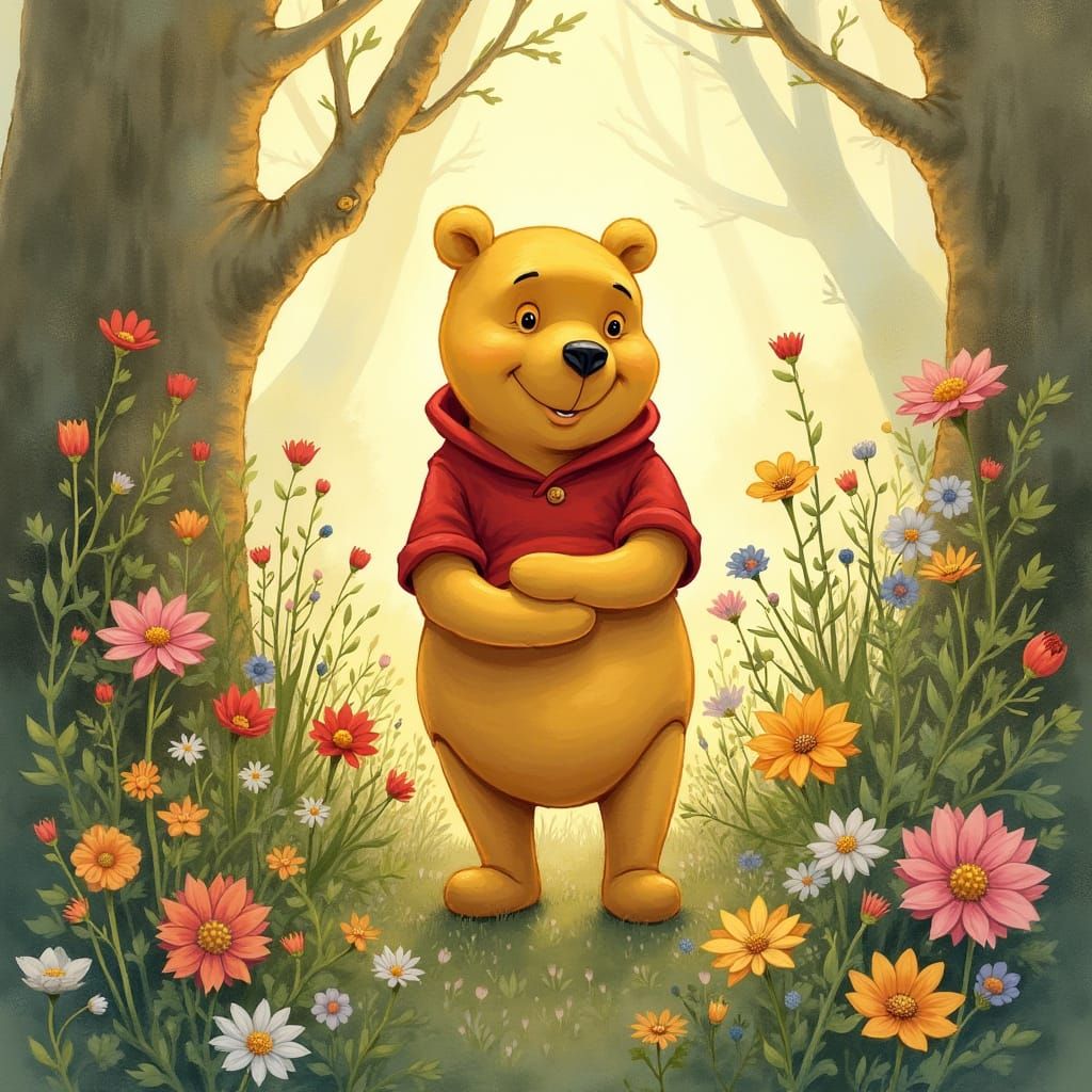 Whimsical Winnie the Pooh in Vibrant Floral Wonderland