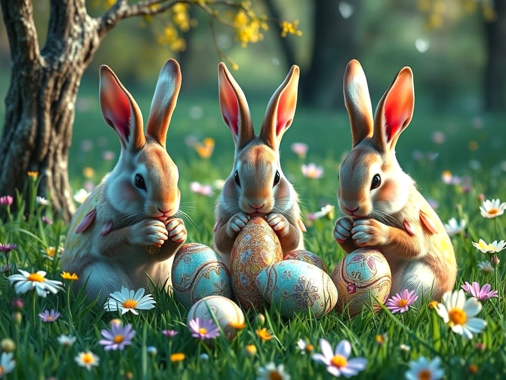 Fantastical Easter Bunnies Feast in Vibrant Green Meadow