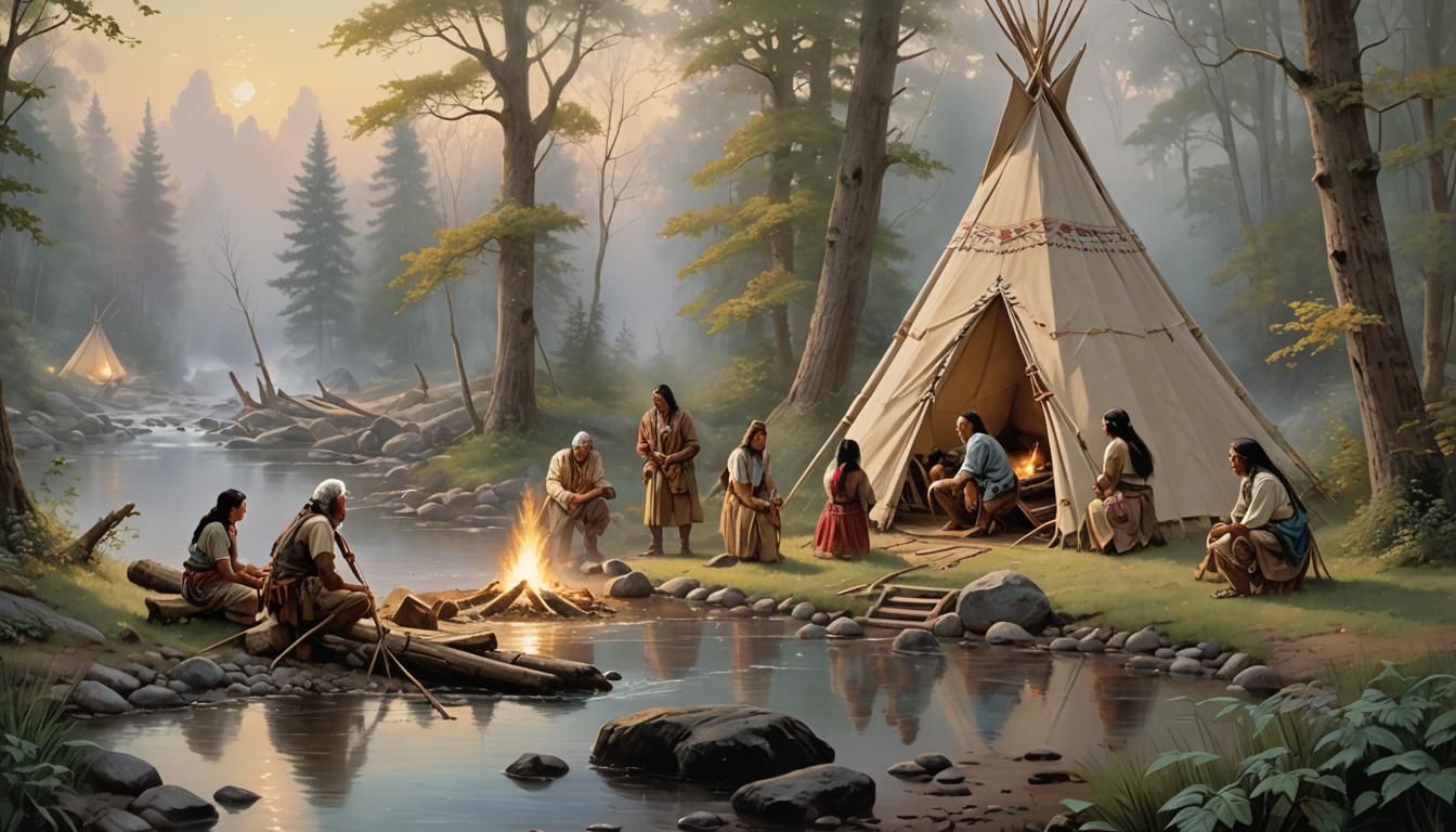 Native American Family Camp Setup in Ethereal Style