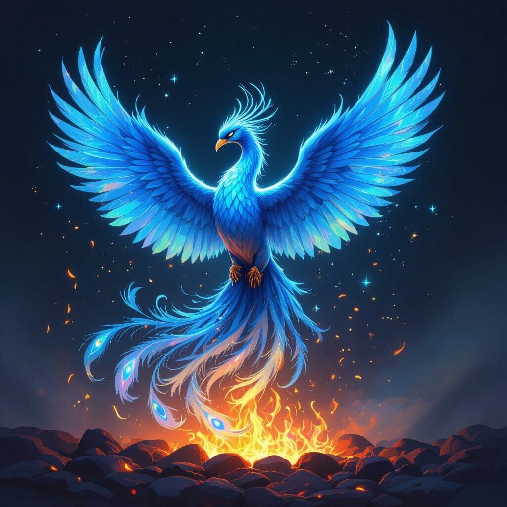 Majestic Blue Phoenix Rising from Embers, Watery Glow