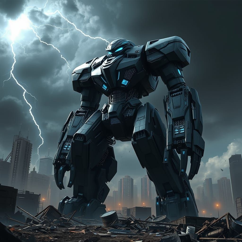 Futuristic Jaeger Robot Warrior in Dark, Stormy Cityscape