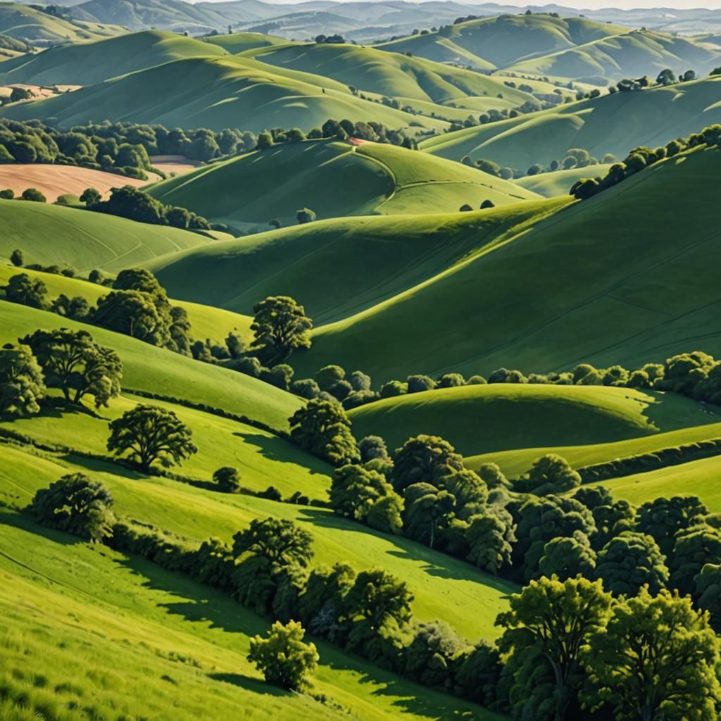 Hyper-realistic  Realistic landscape of rolling hills, vibra...