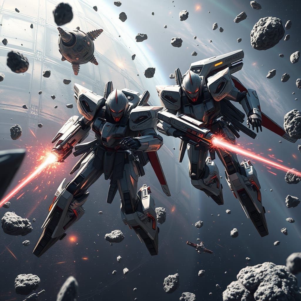 Futuristic Mecha Warriors Clash in Space Battle