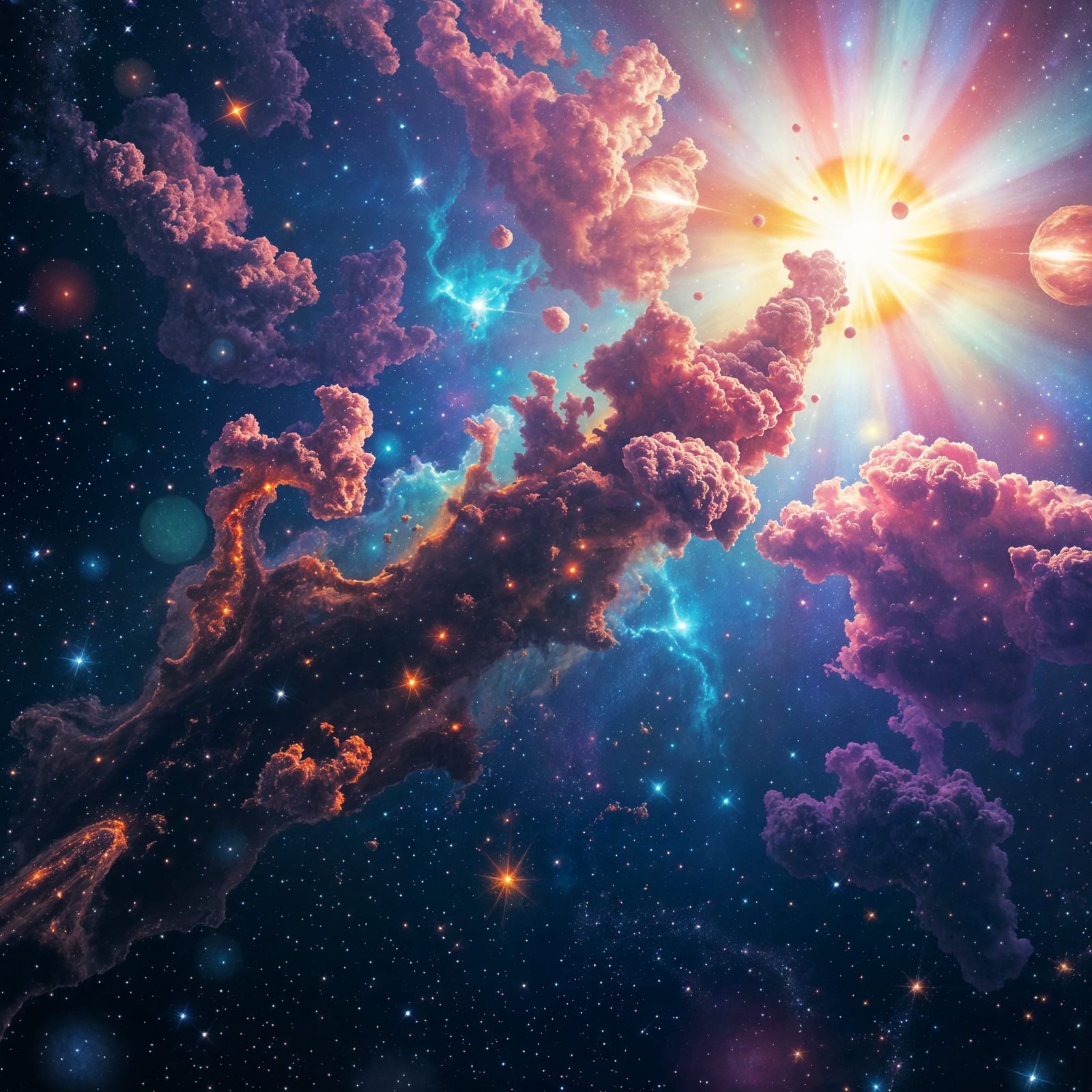 Rainbow Stars and Exploding Star in Space, Digital Painting