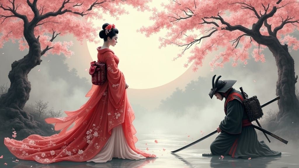 Elegant Geisha in Classic Chinese Ink Wash Style