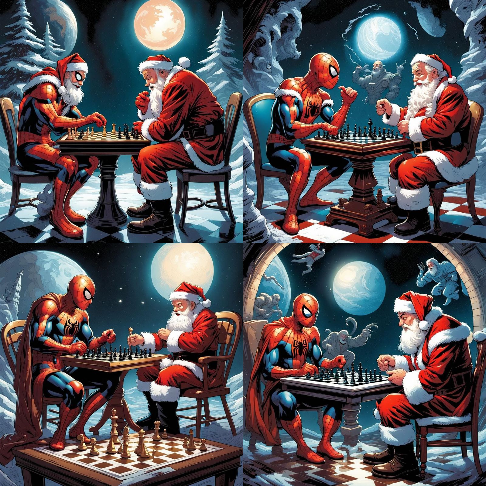 Spiderman and Santa Claus Play Chess in Space