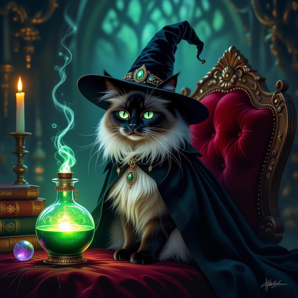 Majestic Witch Cat with Glowing Potion in Baroque Chamber