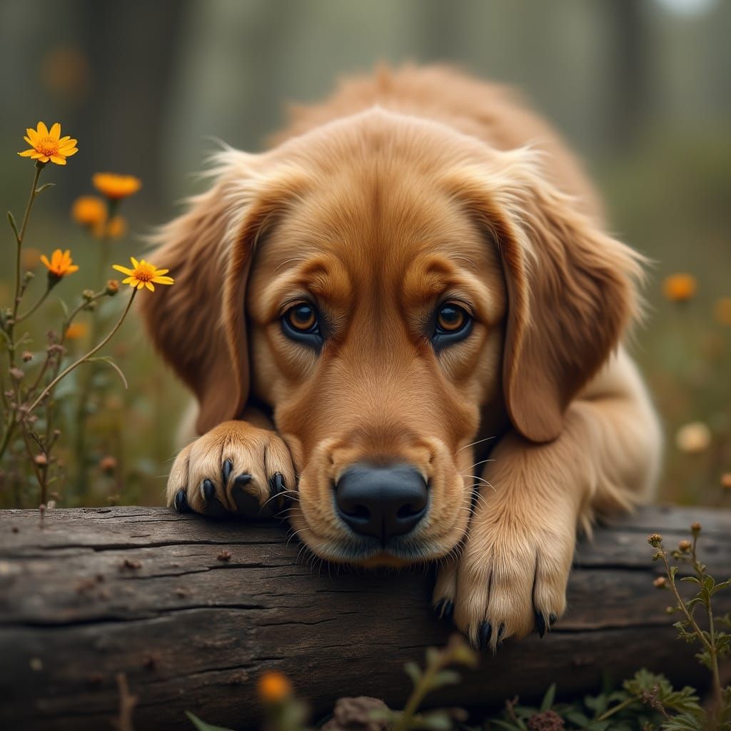 Melancholy Golden Retriever Art by Old Log