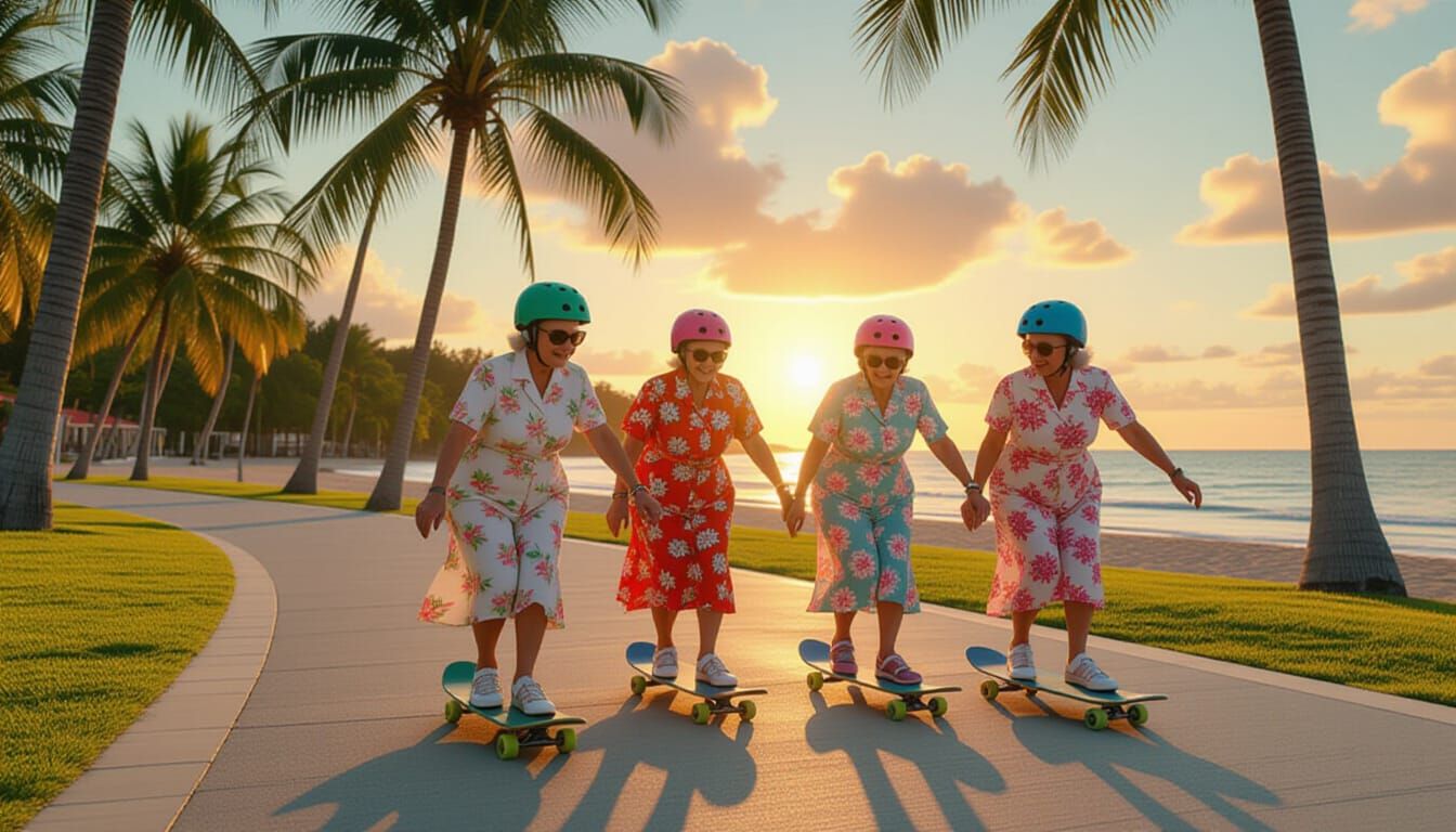 Elderly Women Skateboarding in Beachside Park, Wes Anderson ...