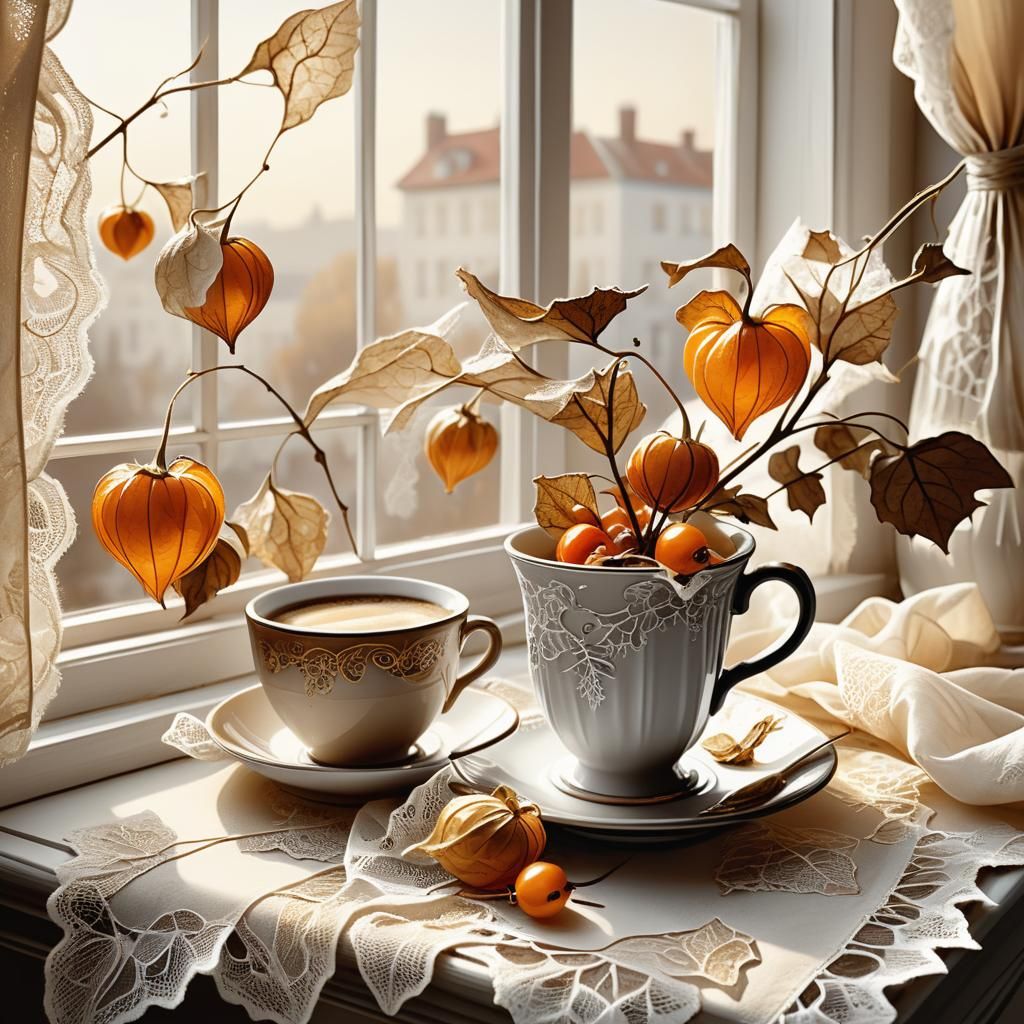 Sepia-Toned Still Life with Coffee and Physalis