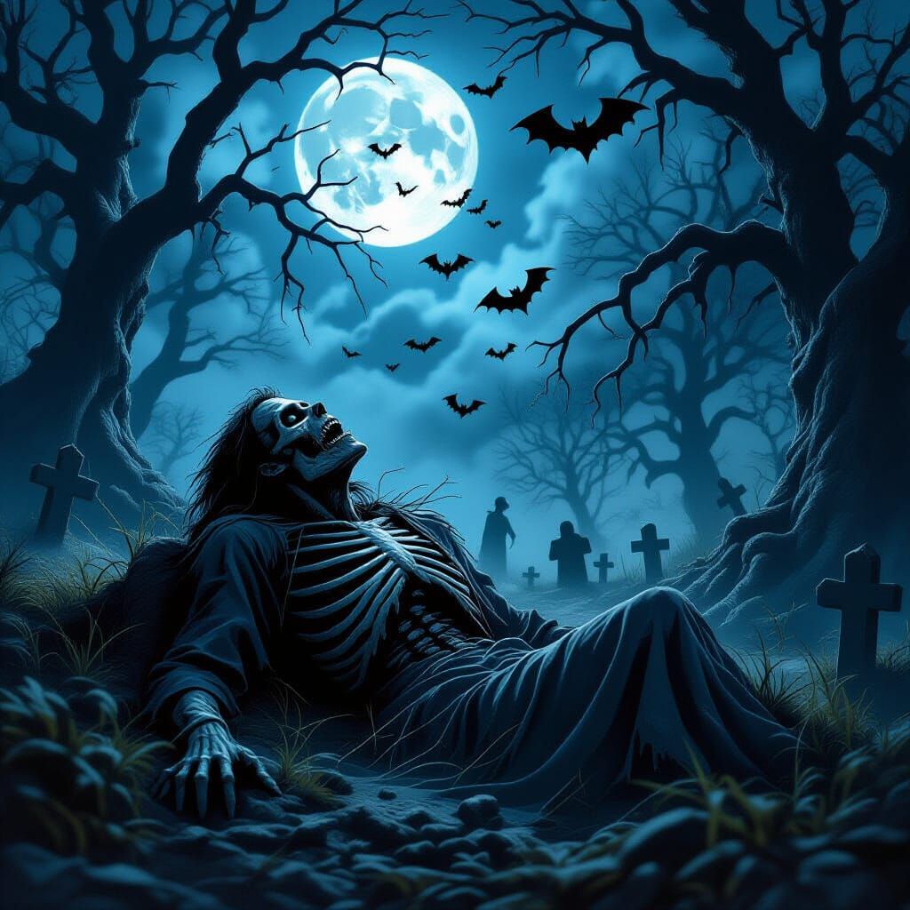Moonlit Zombies Rise from Graves Among Twisted Trees