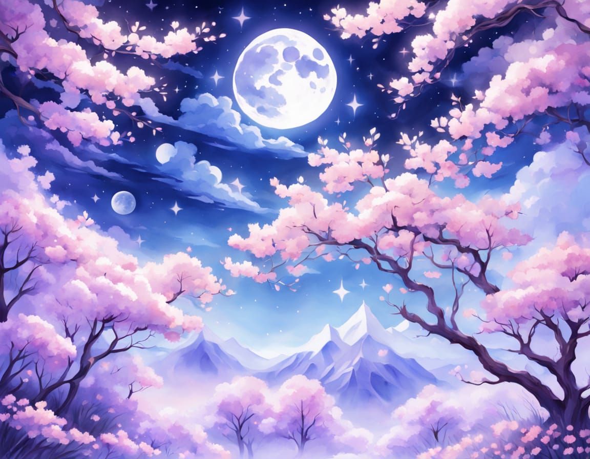 Whimsical Watercolor Cherry Tree under Midnight Moonlight